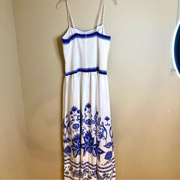 NEW FARM Rio Off-White Shell Garden
Midi Dress Beaded Straps Linen Blue Size XL - Picture 13 of 16
